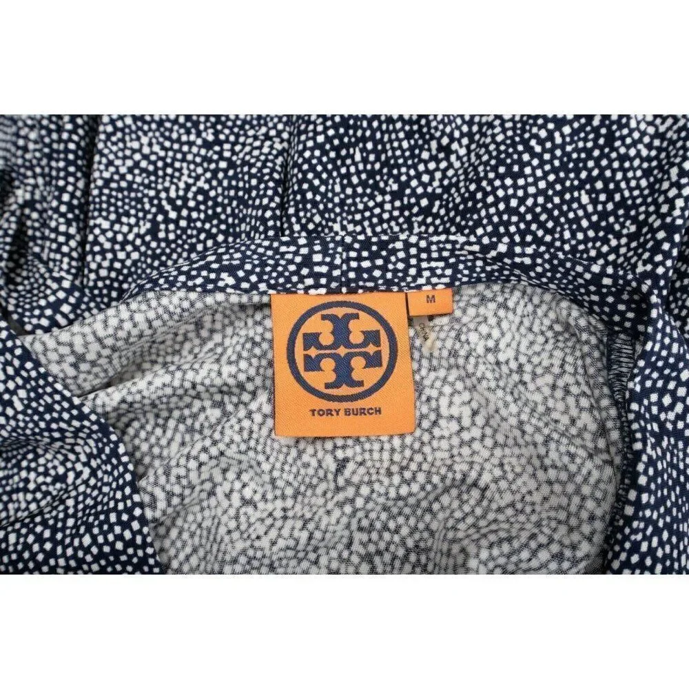 Tory Burch Womens Silk Wrap Dress Vanessa M Navy Blue White Knee Length V-Neck